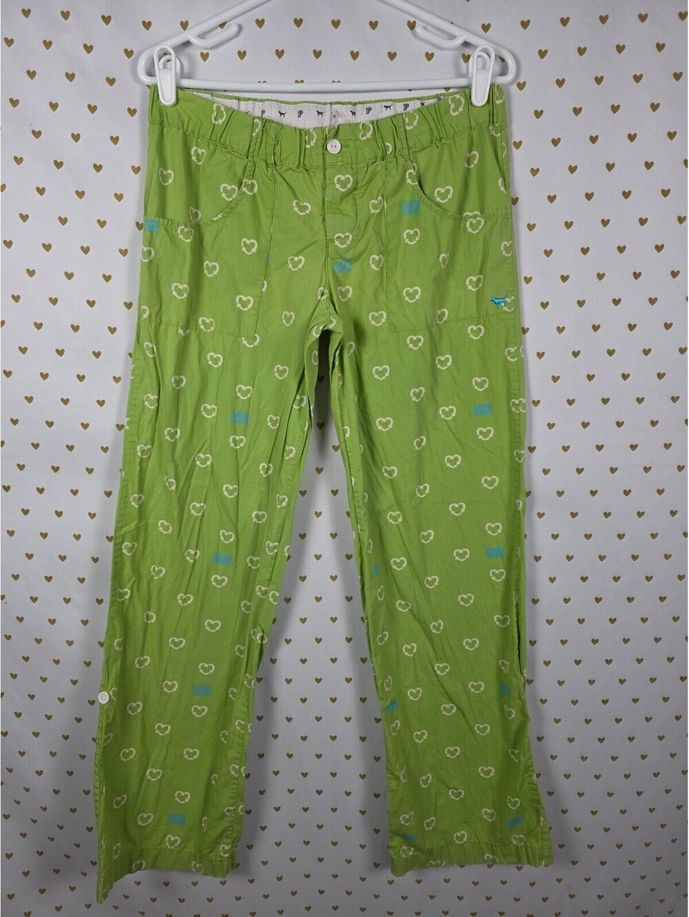 Victoria's Secret PINK Green Heart Print Convertible Cargo Pants Roll Tab Sz S